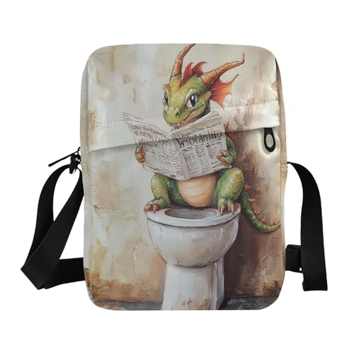 messenger bag cute Small Crossbody Bags Shoulder Handbags Adjustable Strap for Casual Casual- Cute Dragon Vintage Toilet Reading Newspaper