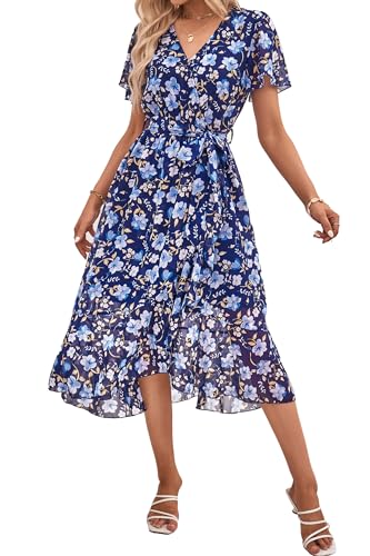 PRETTYGARDEN Women's Summer Floral Boho Maxi Dress Wrap Short Sleeve V Neck Ruffle A-Line Flowy Wedding Guest Long Dresses