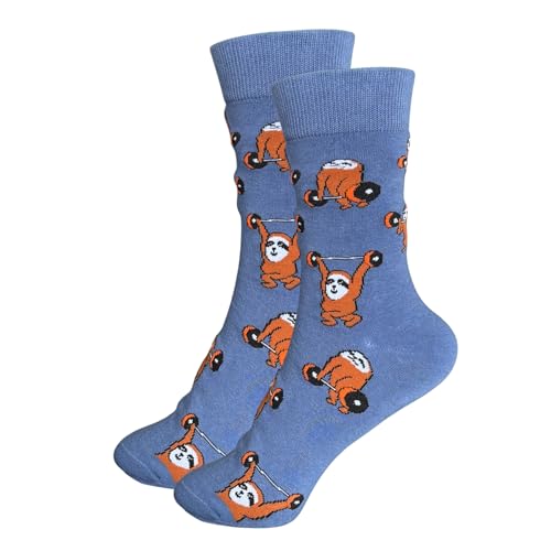 Tindo Blaue Socken mit Faultier Hantel Motiv Lustige Baumwolle, Verrückte Socken für Männer und Frauen Geschenksocken Unisex Einheitsgröße 36-43 Crew Socks 1-Paar…