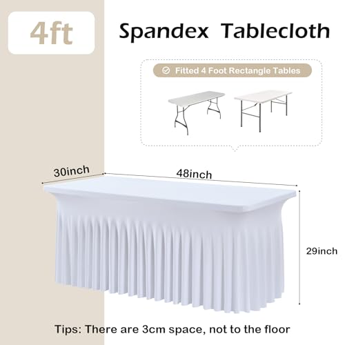 Image of 2 pk White Spandex Tablecloth 4ft with Ruffle Table Skirt, Wrinkle Free High Stretch Fitted Tablecloths for 6 Foot Rectangle Tables, Elastic Spandex Table Covers 6ft for Parties Weddings Banquet