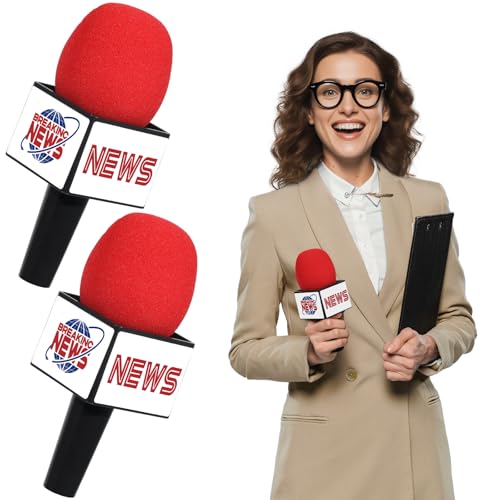 2Pcs Fake News Reporter Microphone Prop Mic Plastic Realistic Pretend Play Mic Prop Simulate Handheld News Reporter Microphone for Costume Cosplay Party Favors Pretend Games Career Day Party