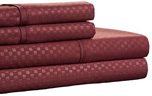 Brushed Microfiber Sheet Set- 4 Piece- Embossed Checkered Bed Linens- Deep Pocket Fitted & Flat Sheets, 2 Pillowcases by Lavish Home (Queen, Burgundy)