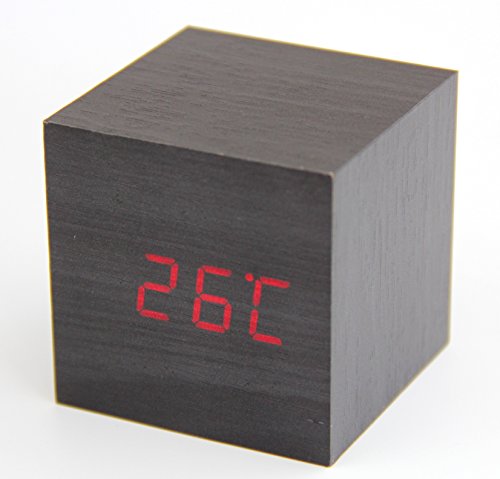 RayLineDo® Fashion Black Wood Cube Mini Red LED Wooden Digital Alarm Clock -Time Temperature Date Display - Voice and Touch Activated
