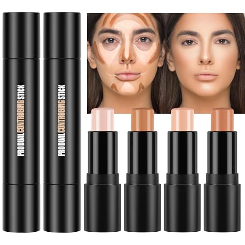 LOPHE Contour Stick Iluminador, 2 Piezas Barra de Contorno Dual-Ended, Iluminador y Bronceador en Crema, Makeup Cream Contour Stick Set para Countoring Maquillaje y Contorno Facia Natural (4 Colores)
