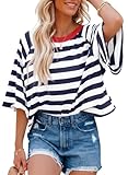 Chicrise Camiseta Marinera Mujer Verano A Rayas Cuello Redondo Oversize Crop Top Manga Corta Basica Informal Camisa Azul Blanco Mediano 38-40