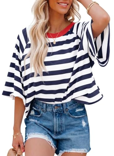 Chicrise Women's T-Shirts Crew Neck Ladies Tops Short Sleeve Stripes Elegant Casual Comfort Summer Blouses Blue White X Large 46-48