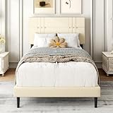 Bekusu Marco de cama individual tapizado con cabecero ajustable y listones de madera resistentes, color beige