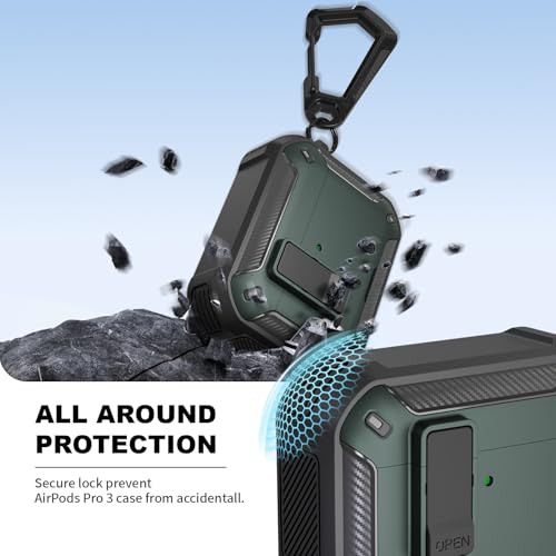 Image of for AirPods Pro 3 Case with Magnetic Lock and Phone Stand, Compatible with Magsafe Charging,with Carabiner&Cleaner kit for Apple iPod Pro 3rd Generation Cover(2025) Men Women (Dark Green)