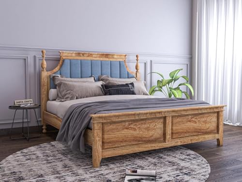 Image of Craft Solid Sheesham Wood Low Height King Size Bed Without Storage | Wooden Double Bed | Low Floor /Lying /Rise /Level /Profile Cot with Blue Upholstered Cushioned Headboard, Teak Finish-B24