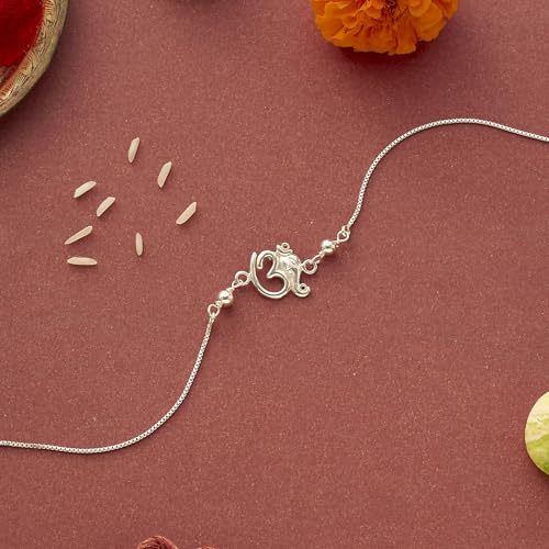 Image of Parnika 925 Om Ganesha Rudraksha Infinity Bro Shiv Bhai Adjustable Silver Rakhi Bracelet For Brother in 92.5 Sterling Silver for Boys and Men | Chandi ki Rakhi | Gift Box Roli Chawal