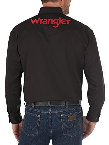 Wrangler Men's Long Sleeve Western Logo Button Shirt, Black, Large