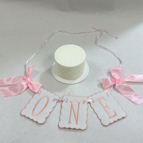 Image of Pink and White Bow ONE High Chair Banner for Girl First Birthday High Chair Banner Sweet One Pink Bow 1st Birthday Decorations