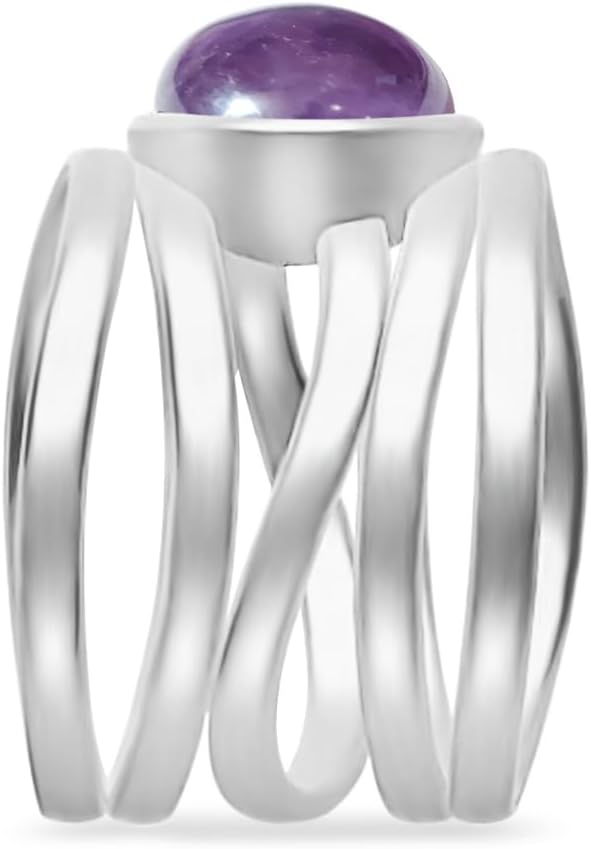 Oval Natural Stone Wide Band Ring,Sterling Silver Multi Lines Crystal Quartz Gemstone Chunky Full Finger Thumb Band Ring Jewelry for Women Her - Image 3