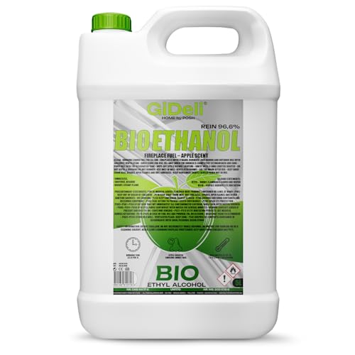 GiDeli bioethanol 5l Apfelduft 96,6% Ethanol für Innen & Außenkamine Rauch und Rußfrei - Aus Mais & Zuckerrüben
