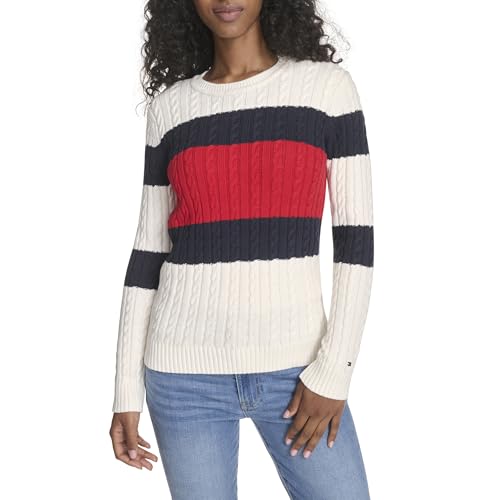 Tommy Hilfiger Women's Cotton Crewneck Cable Sweater, Ivory Multi Colorblock, XL