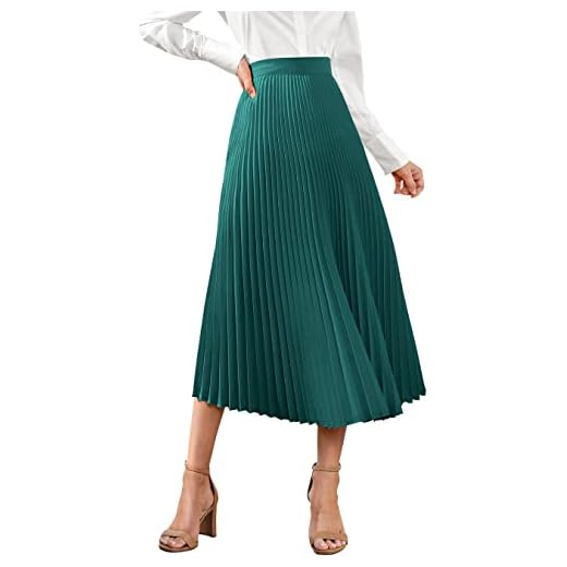 PRETTYGARDEN Women's Summer Satin Midi Skirt Casual High Waisted A Line Pleated Ruffle Flowy Maxi Skirts Dresses (Solid Dark Green,Small)