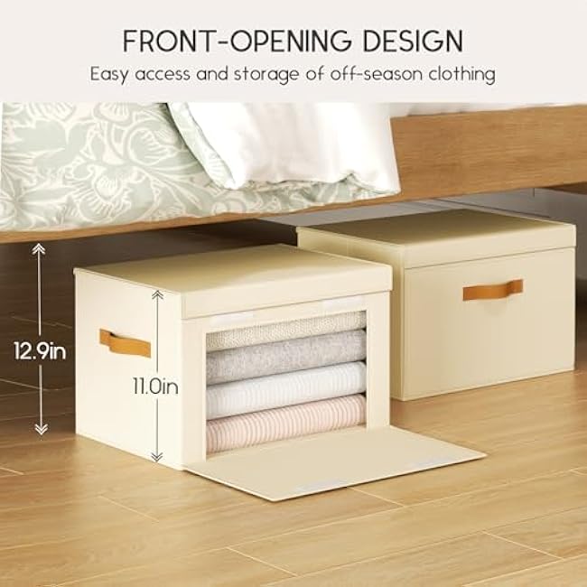 Large Storage Bins with Lids - Front Opening Fabric Storage Bins, Flap Closet Organizer with Handles, Collapsible Boxes with Lid, Decorative Basket for Home, Dorm, 2 Pack, Beige