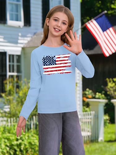 Image of Ithalt 4th of July Outfit Kids Girls American T Shirt USA T-Shirt Fourth of July Tops Patriotic Long Sleeve Tops