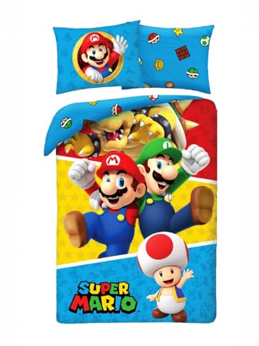 Parure de Lit Super Mario 100% Coton, Housse de Couette Réversible 140x200 cm + Taie d'oreiller, avec Mario, Luigi, Toad et Wario