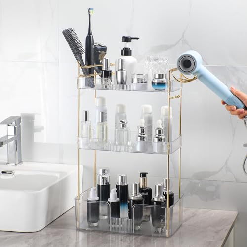 Image of Akinbas 3 Tier Bathroom Organizer Countertop Makeup Perfume Tray Skincare Organizer Comes with Hair Dryer Rack and Toothbrush Holder for Bathroom Dresser Vanity (White)