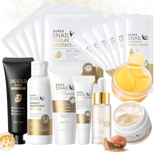 Snail Face Care Set 18 Pieces, Skincare Kit with Cleanser, Toner, Eye Cream, Serum, Cream, Peel-Off Mask, Face Masque, Sleep Mask and Eye Pads, Gift Set for Women Girls