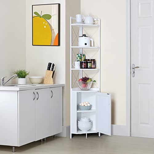 Finnhomy Corner Shelf With Cabinet, 71 Inches Multipurpose Corner Cabinet With Rattan Decorated Doors, Corner Storage Shelves For Bedroom, Living Room, Kitchen, Bathroom, White #TOP3