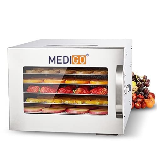 Medigo Food Dehydrator, 6 Trays 400W Stainless Steel Dryer Machine Commercial Adjustable Timer Digital Temperature Control Fruit Dehydrator Machine with Over Heat Protection