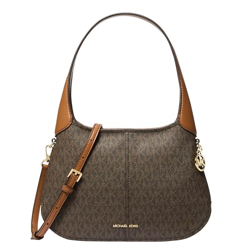 Michael Kors Women's Alice Small Top-Zip Shoulder, Gold-Tone Hardware/MK Signature Semi Lux Black, Brown/Acorn