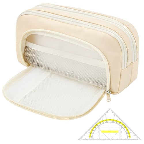 CAIXIANGYU 3-Fach Federmäppchen Groß mit Geodreieck – XXL Volumen Oxfordstoff (21x7cm) für Schule Studium Büro, Profi-Organizer mit Netzfach & Stiftschlaufen,Jungen、Mädchen、Erwachsene (Beige)