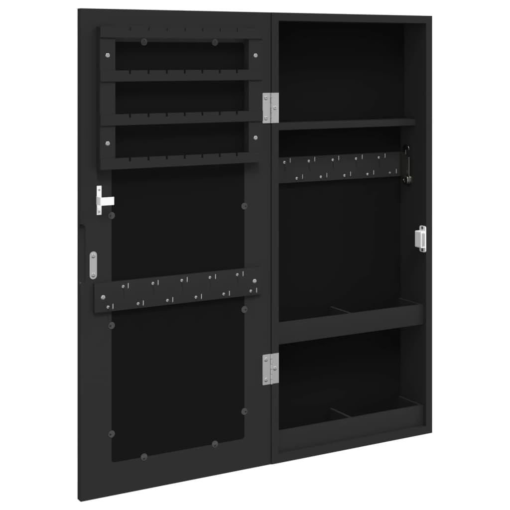 Szafka na biżuterię z lustrem, czarna, 30 x 8,5 x 67 cm, materiał drewnopochodny, montaż ścienny, zamykana, z miejscem do przechowywania biżuterii i kosmetyków, idealna do korytarza, łazienki