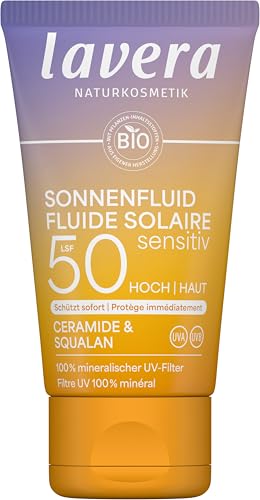 lavera Fluide Solaire Sensitive SPF 50 - spécialement pour le visage et le décolleté - sans filtres UV chimiques par ex. octocrylène, octinoxate et oxybenzone - vegan - 40 ml