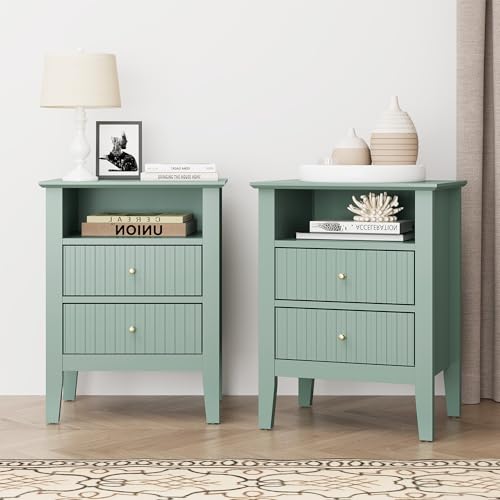 SUNVIVI Green Fluted Nightstand with 2 Drawers Set of 2, Modern Wooden Sofa Table with Storage for Small Spaces, Tall End Table for Bedroom,Living Room, Couch Coffee Table