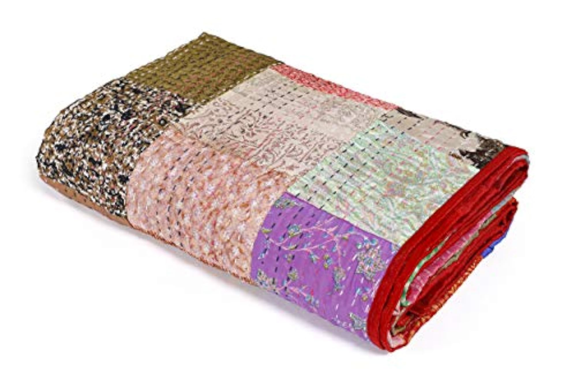 Double Kantha Quilted Quilt Blanket, Red Patchwork Bedspread