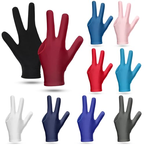 Shyyween 10 Pieces Three Fingers Billiard Gloves Universal Breathable Elastic Cue Sports Pool Gloves for Women or Men Left and Right Hand(10 Colors)