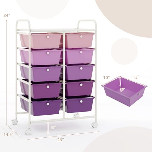 Image of LDAILY 10 Drawer Rolling Cart, Storage Cart Organizer on Wheels, Drawer Cart with Metal Frame & Large Storage Capacity, Rolling Cart with Drawers for Living Room Classroom, Office
