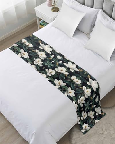 DecorLovee White Floral Bed Runners for Twin Size Bed, Decorative Bed Throws for Foot of Bed, Summer Plant Summer Wildflower Green Leaf Bed Runner Sofa Throw Bedding Scarf Protector for Bedroom