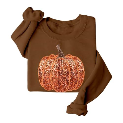 TRCELECTROP Pumpkin Graphic Sweatshirts for Women Sequin Pumpkin Halloween Sweatshirt Oversized Thanksgiving Crew Neck Top Brown - image 4