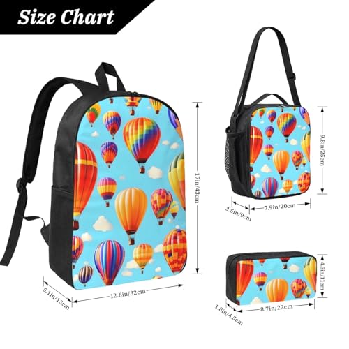 Hot Air Balloons print Shoulder Bookbags Lunch Bag and Pen Case 17 inches Backpack with Lunch Box, Cute Bookbag Set4