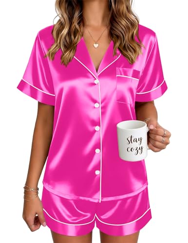 Ekouaer Womens Satin Pajama Set 2 Piece Short Sleeve Sleepwear Soft Button Down Loungewear Silky Pjs Short Set Rose M