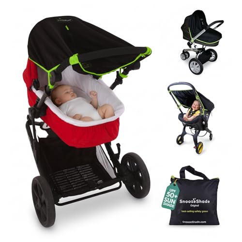 SnoozeShade Original 0-6m Pram and Buggy Sun Shade Baby Sleep Aid with Safety Green Trim Blocks 99% UV UPF 50 Breathable Blackout Canopy for Carrycot and Pushchair