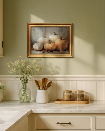 Image of VIYYIEA Vintage Gold Framed Wall Art for Living Room, Pumpkins Canvas Prints Home Decor, Oil Painting Picture, Bedroom Wall Decor Gifts for Friends or Family -【Five Pumpkins 】-(16L x 12W)