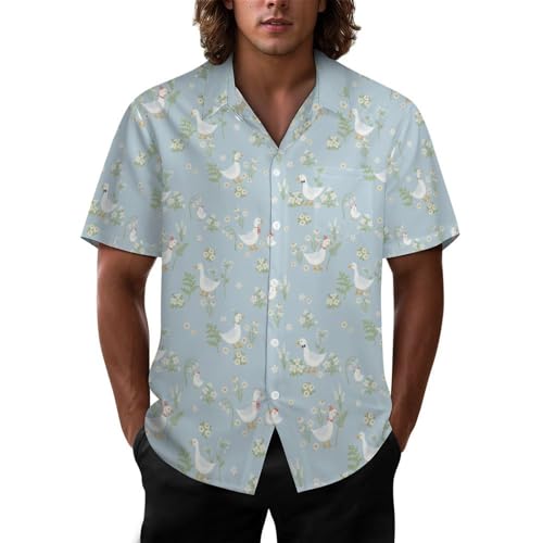 Mens Cute Goose White Flowers Hawaiian Shirt Casual Button Down Short Sleeve Tropical Beach Holiday Aloha Party Shirt for Men Funny XL