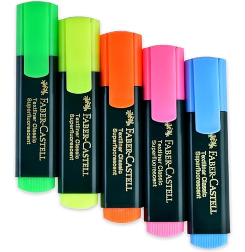 Image of Faber-Castell Textliner Highlighter Pens Pack of 5 Colours Set of 2 | Fluorescent Marker Pens for Notes, Study, Office, Journaling & Bible Highlighting | Smudge Resistant Chisel Tip Highlighters