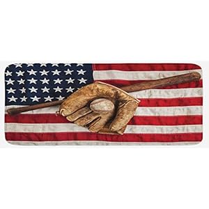 Ambesonne Baseball Kitchen Mat, Vintage Baseball League Equipment USA Grunge Glove Bat Fielding Sports Theme, Plush Decorative Kitchen Mat with Non Slip Backing, 47″ X 19″, Brown Red