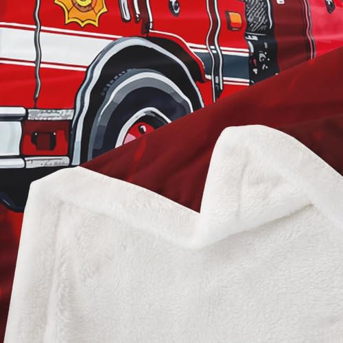 Image of Firefighter Truck Sherpa Blanket - Firemen Car Vehicle Fleece Throw for Bed, Couch, Sofa - Children Bedroom Decor Fire Engine Pattern Plush Red Fuzzy Twin 60 inchx80 inch
