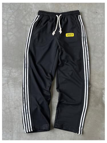 OYOANGLE Men's Side Striped Sweatpants Letter Print Drawstring Waist Straight Leg Track Pants3