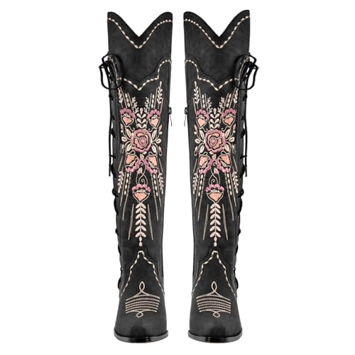 Yolkomo Knee High Cowboy Boots for Women Wide Calf Western Cowgirl Boots Pointed Toe Low Heel Embroidered Boots 2 Inch Chunky Block Heel Distressed Boots Thigh High Lace Up Leather Boots Black Size 6