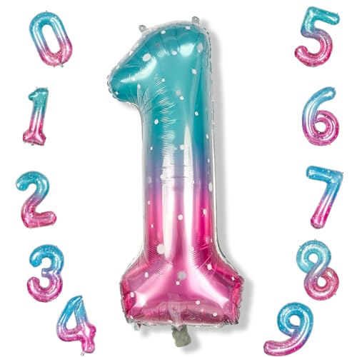Image of 40 Inch Blue Pink Number 1 Balloon for 1st Birthday Decoration, Large Rainbow Mermaid Mylar Foil Number Balloons 0-9 for Girl, Starry One Helium Balloons for Women 1st Anniversary Magic Party Supplies