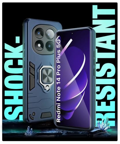 Image of WOW IMAGINE Shock Proof Back Case Mobile Cover for Redmi Note 14 Pro Plus 5G | Back Cover Case (Tough Armor | Hybrid PC + TPU | Ring Holder & in-Built Kickstand | Blue)
