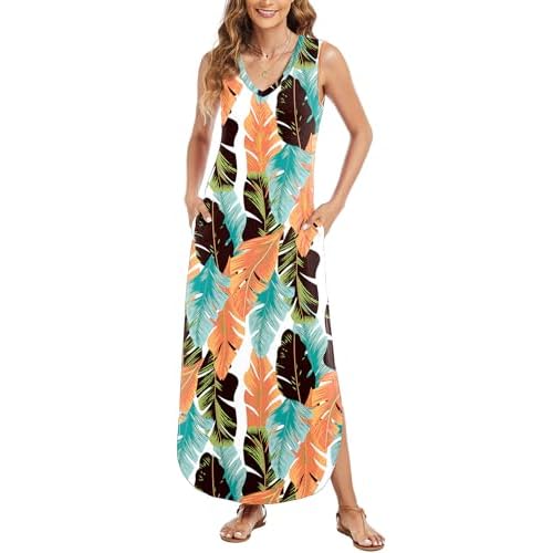 Arolina Maxi Dress for Women Tropical Summer V Neck Sleeveless Split Long Beach Dresses Casual Loose Sundress with Pockets